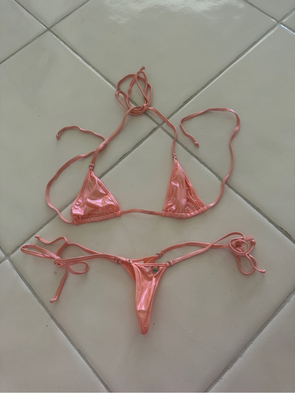 Iridescent Shimmer Coral Pink String Bikini Top & Bottom Set Wicked Weasel